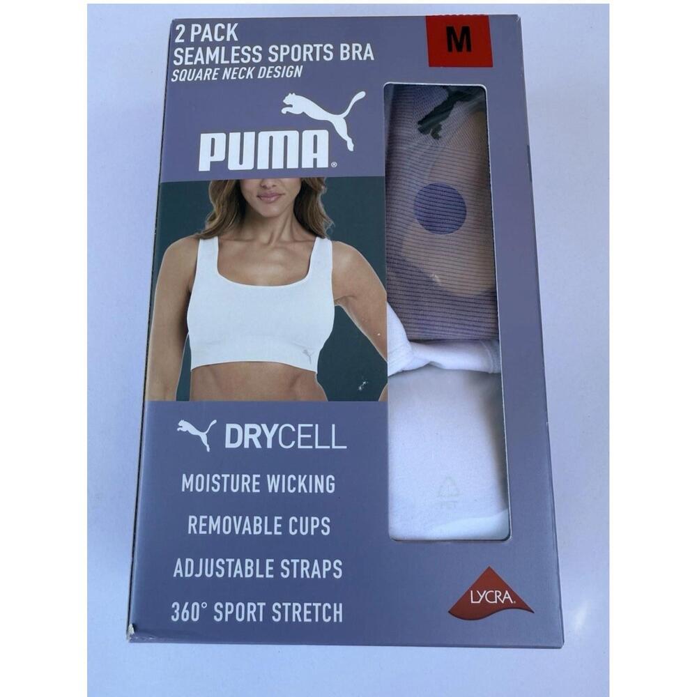 Puma Women's 2-Pack Square Neck Seamless Sports Bra, Purple/White, Size M. BT